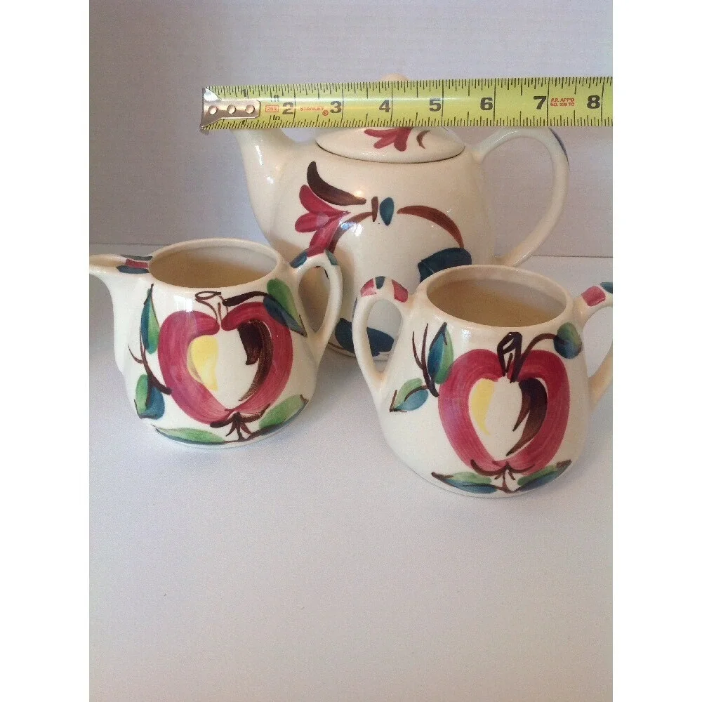 Purinton Apple Pottery slipware Tea/coffee pot with lid, Creamer& Sugar 3‎ piece